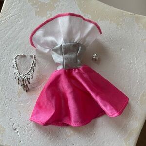 Vintage pink & Silver, purple label Barbie Doll Party dress & Accessories